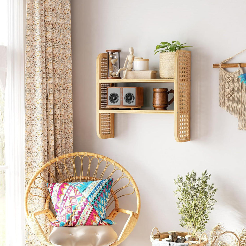 Wall Mounted Rattan 2-Tier Wooden Storage Shelf-Set of 2