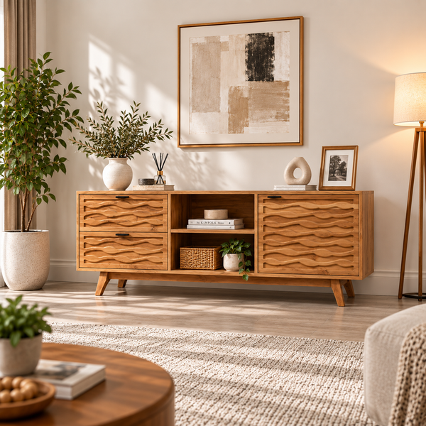Modern Wooden Media Console with Wave-Carved Fronts