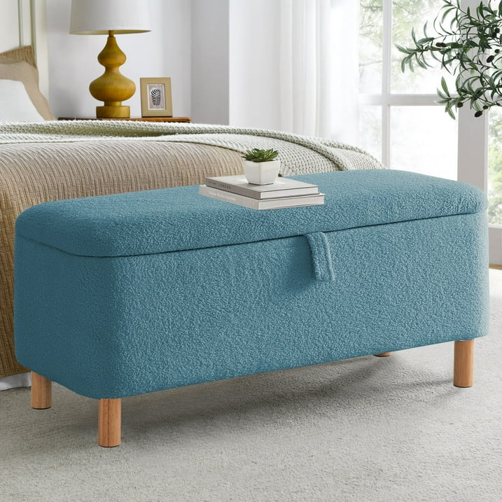 39.5" Boucle Storage Ottoman Bench for Living Room Bedroom Foot Rest End of Bed Wood Leg