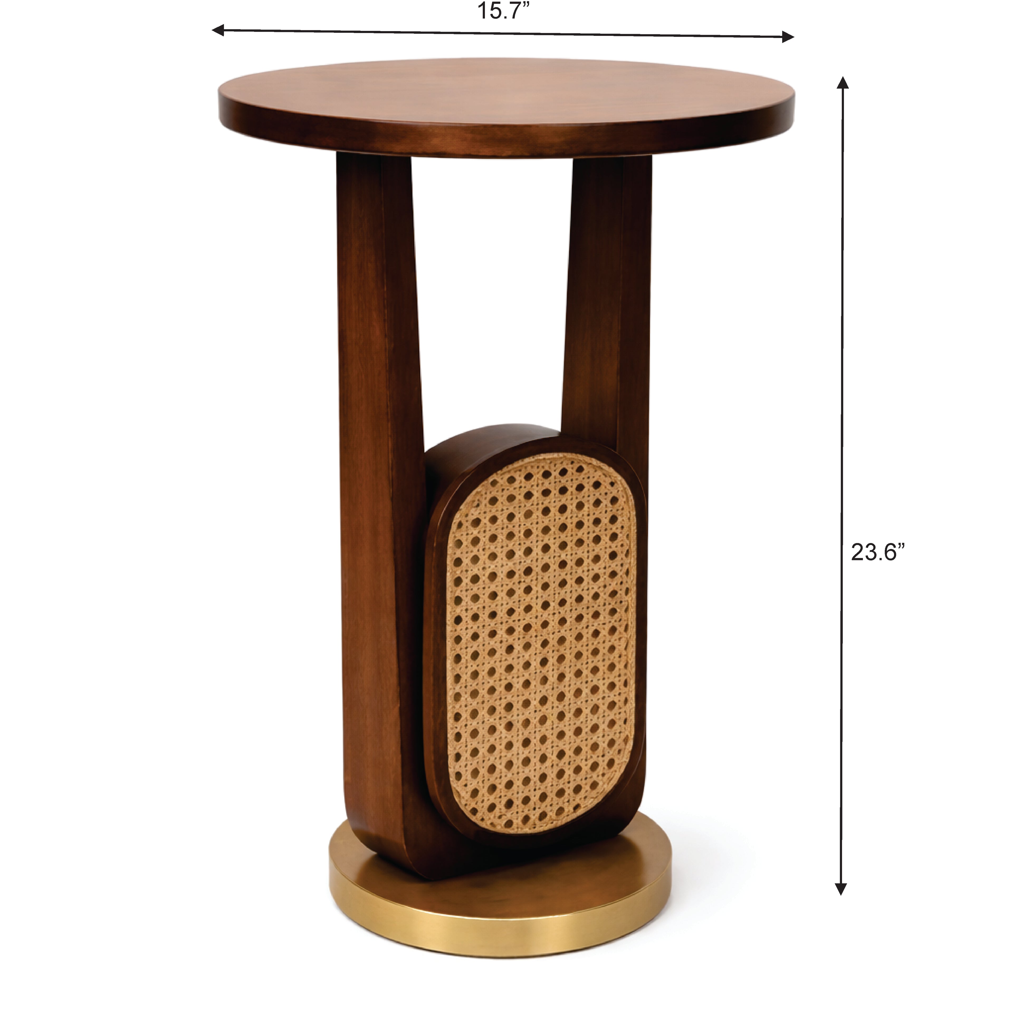 Elegant Mid-Modern Cane Accent Side Table with Wooden Finish & Brass Finish Base