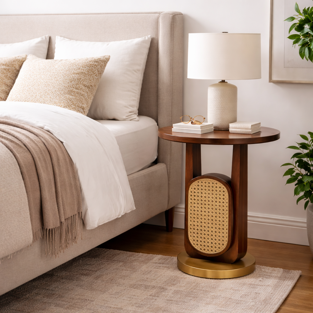 Elegant Mid-Modern Cane Accent Side Table with Wooden Finish & Brass Finish Base