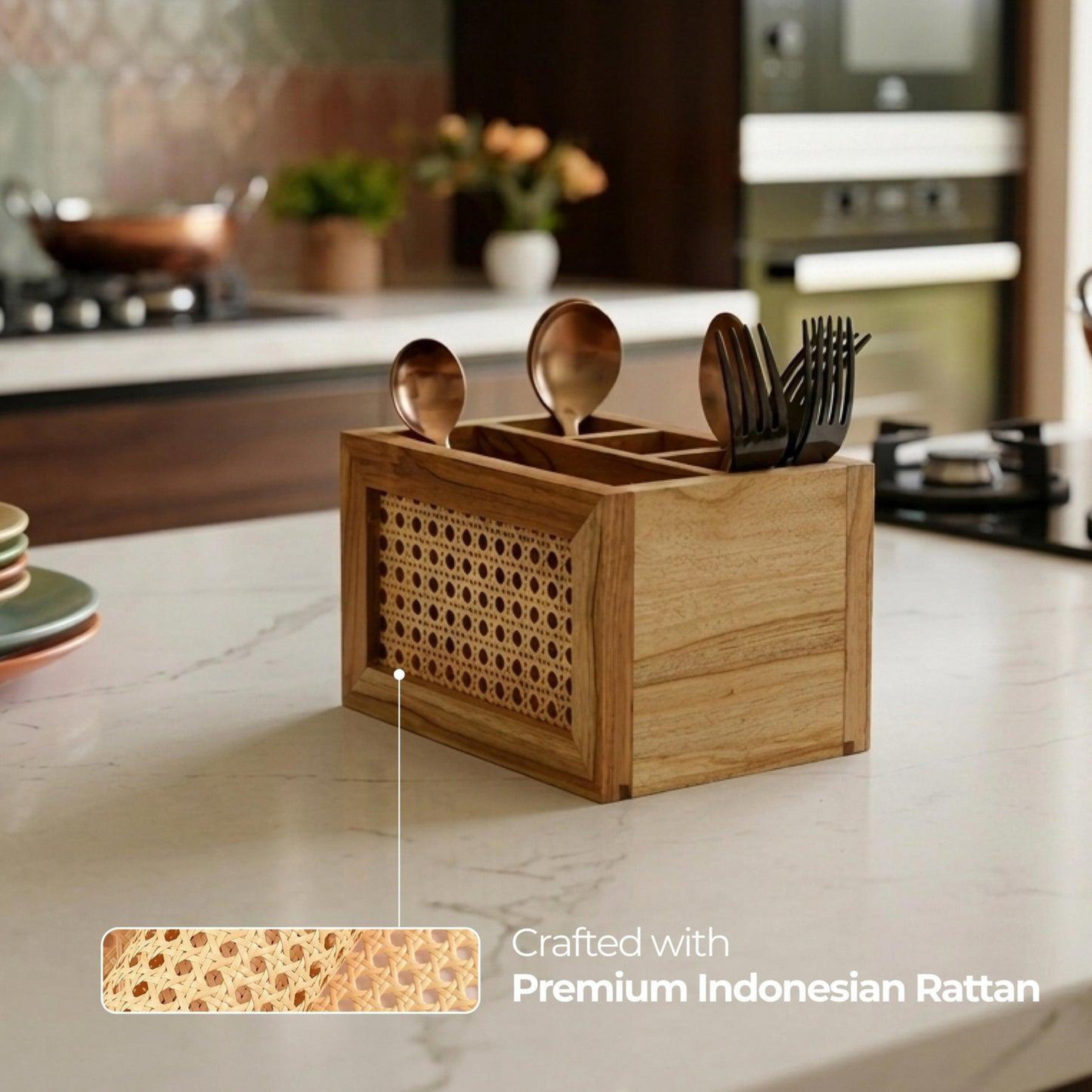Natural Rattan Wooden Desk Organizer Storage Box- Set Of 2