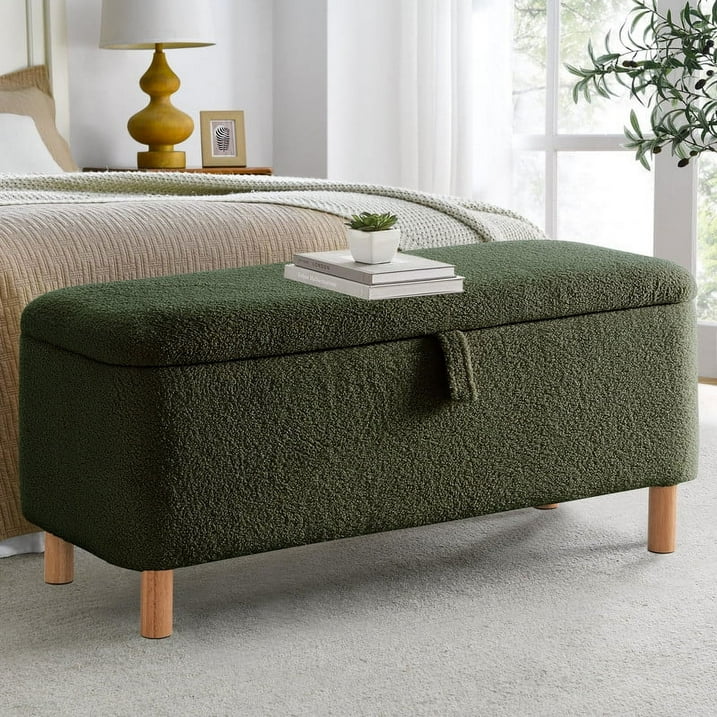 39.5" Boucle Storage Ottoman Bench for Living Room Bedroom Foot Rest End of Bed Wood Leg