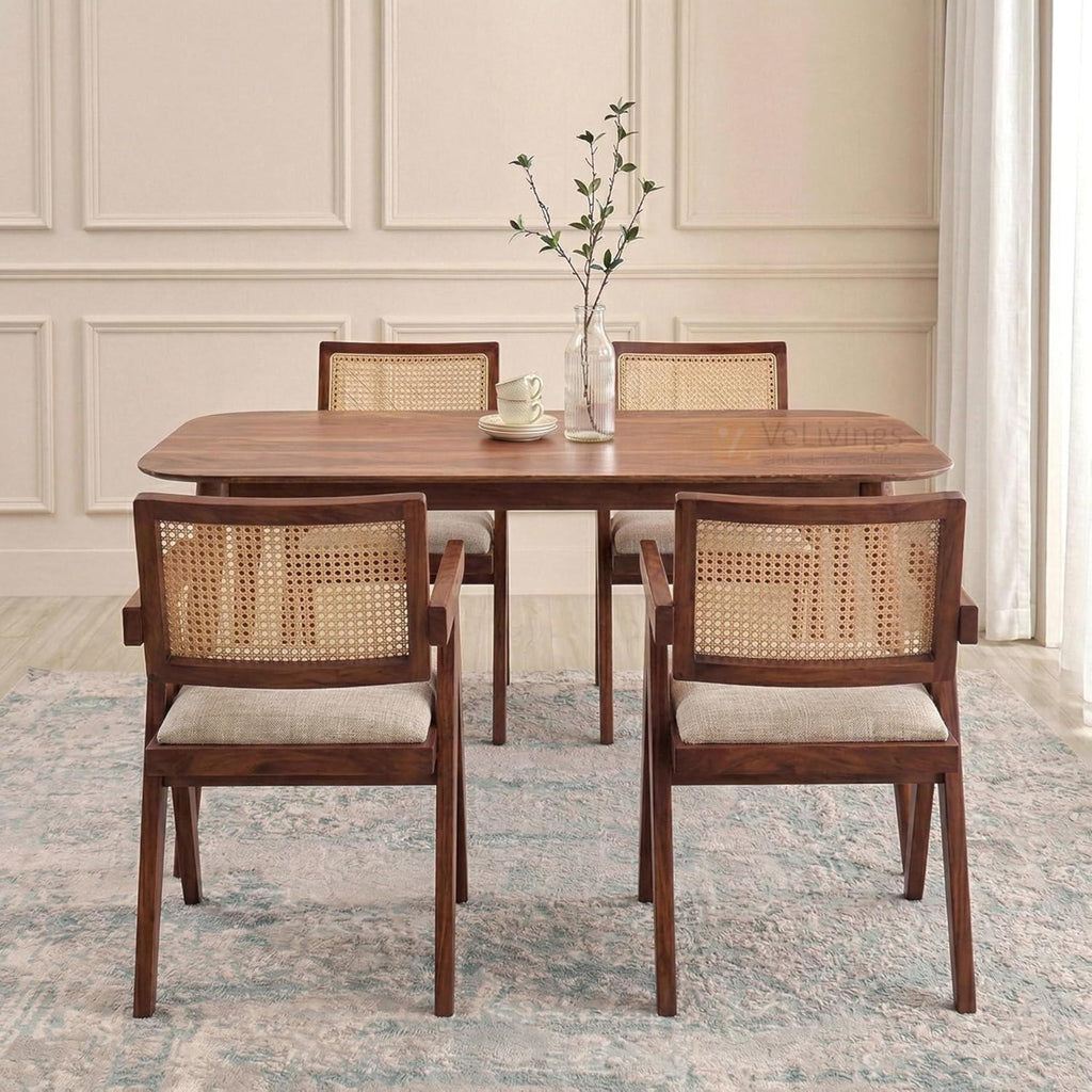 Astera Sheesham Wood 4 Seater Dining Set with Natural Cane Chairs