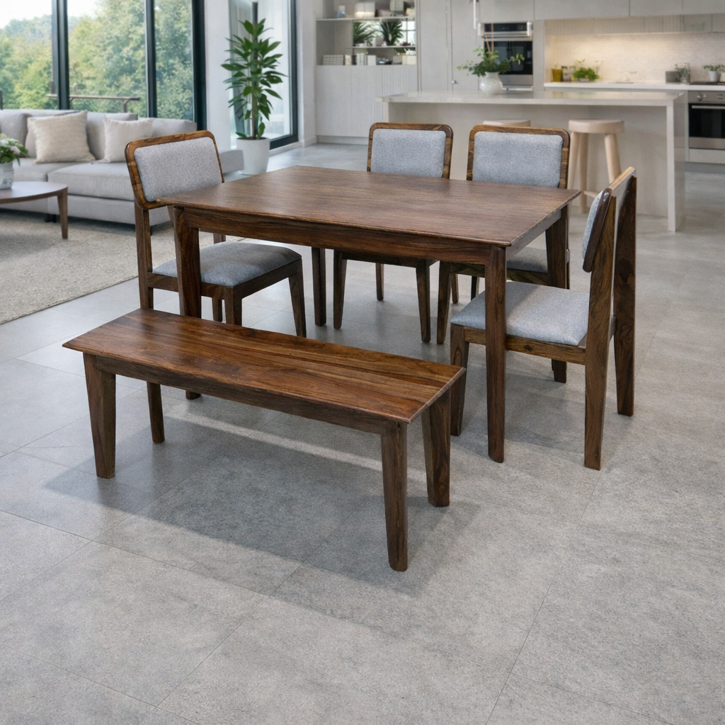Urban Living Solid Sheesham Wood Six Seater Dining Table Set with Bench-Honey