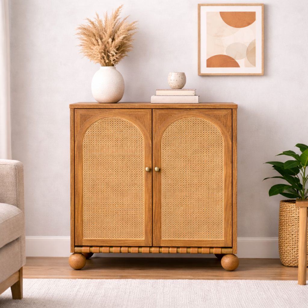 Valencia Rattan Arched Accent Cabinet Lifestyle | Mamta Handicraft