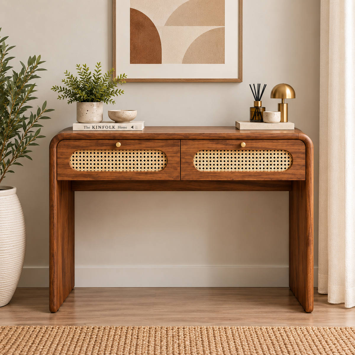 Modern Sheesham Wood Console Table with Handwoven Cane Drawers
