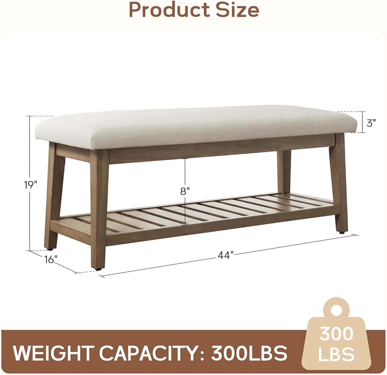 Ottoman Benches with Solid Wood Shelf, Storage Bench for Hallway, Living Room