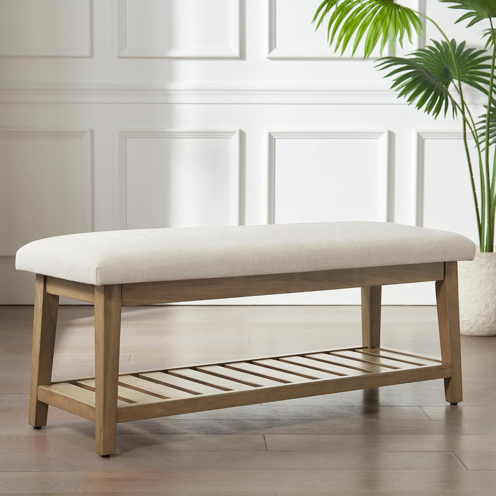Ottoman Benches with Solid Wood Shelf, Storage Bench for Hallway, Living Room