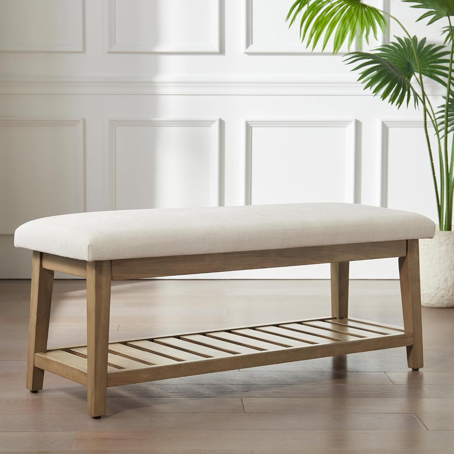 Ottoman Benches with Solid Wood Shelf, Storage Bench for Hallway, Living Room