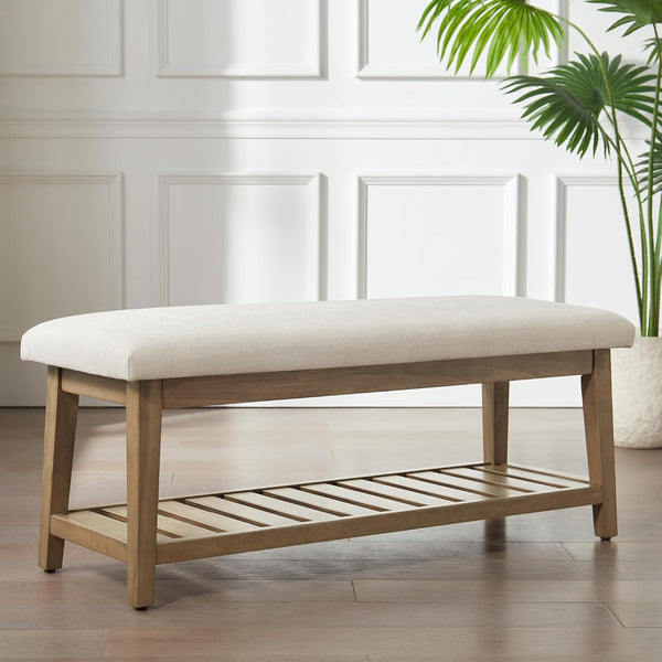 Ottoman Benches with Solid Wood Shelf, Storage Bench for Hallway, Living Room