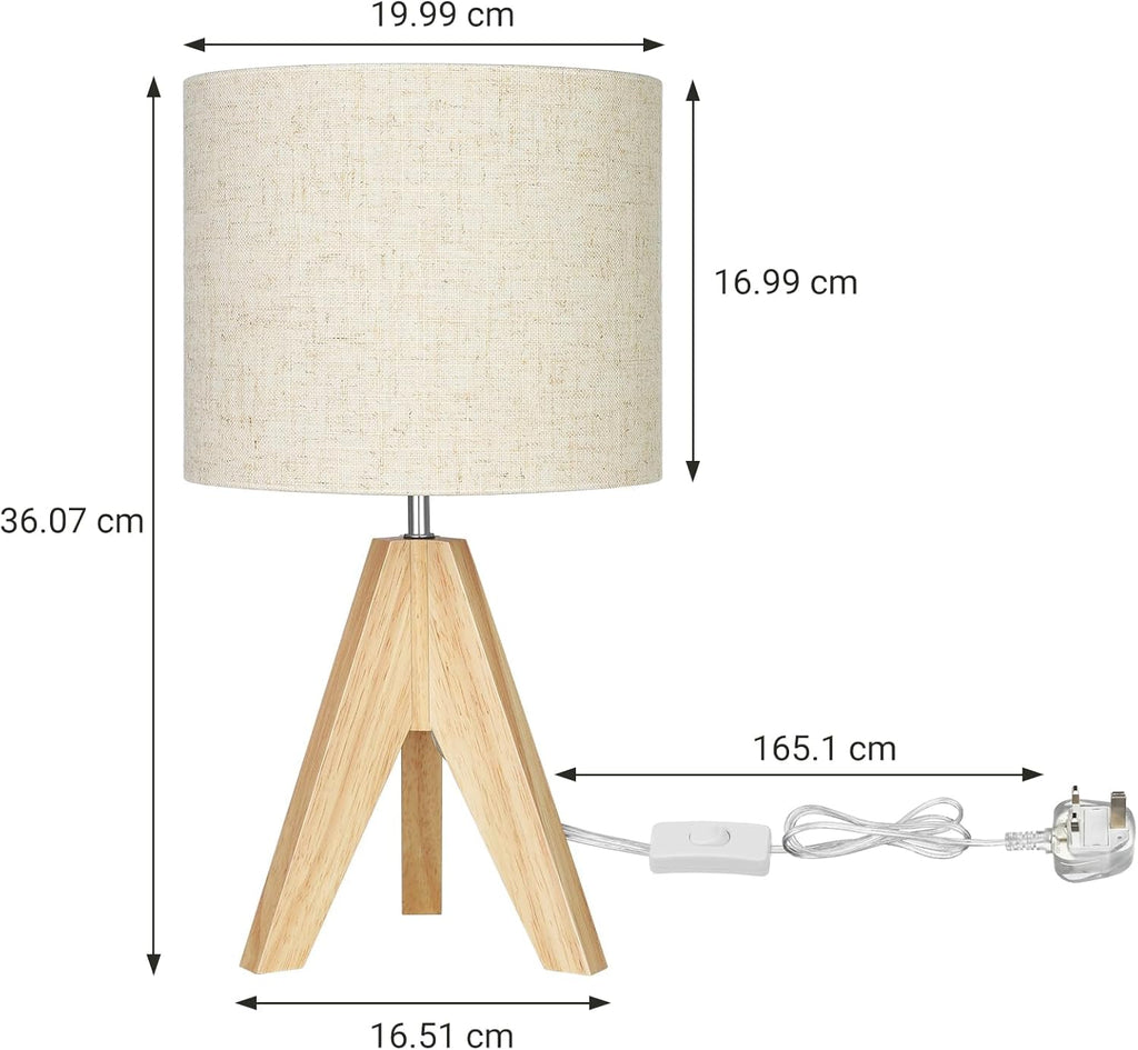 EDISHINE Bedside Lamps Set of 2, Wood Bedside Table Lamp, Tripod Desk Lamp On-Off Switch, Desk Lamps for Living Room, Bedroom, Office, E27 Base, Linen