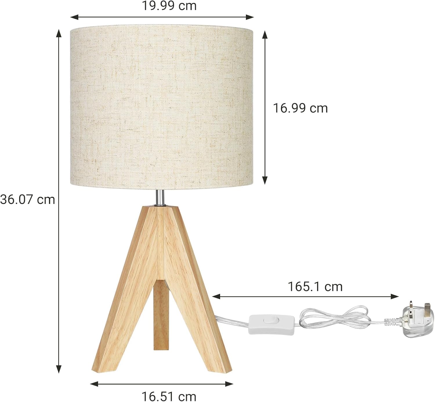EDISHINE Bedside Lamps Set of 2, Wood Bedside Table Lamp, Tripod Desk Lamp On-Off Switch, Desk Lamps for Living Room, Bedroom, Office, E27 Base, Linen
