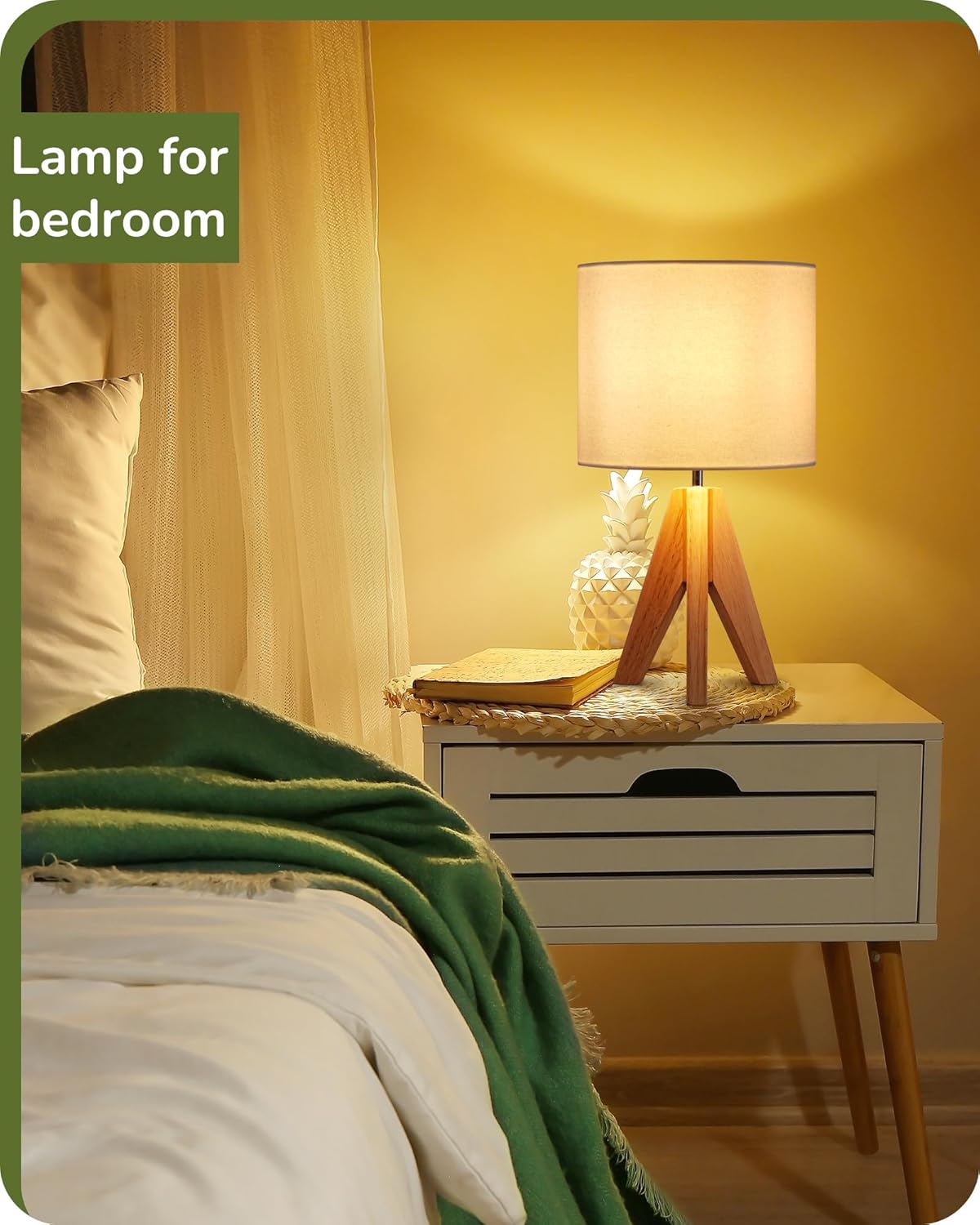 EDISHINE Bedside Lamps Set of 2, Wood Bedside Table Lamp, Tripod Desk Lamp On-Off Switch, Desk Lamps for Living Room, Bedroom, Office, E27 Base, Linen