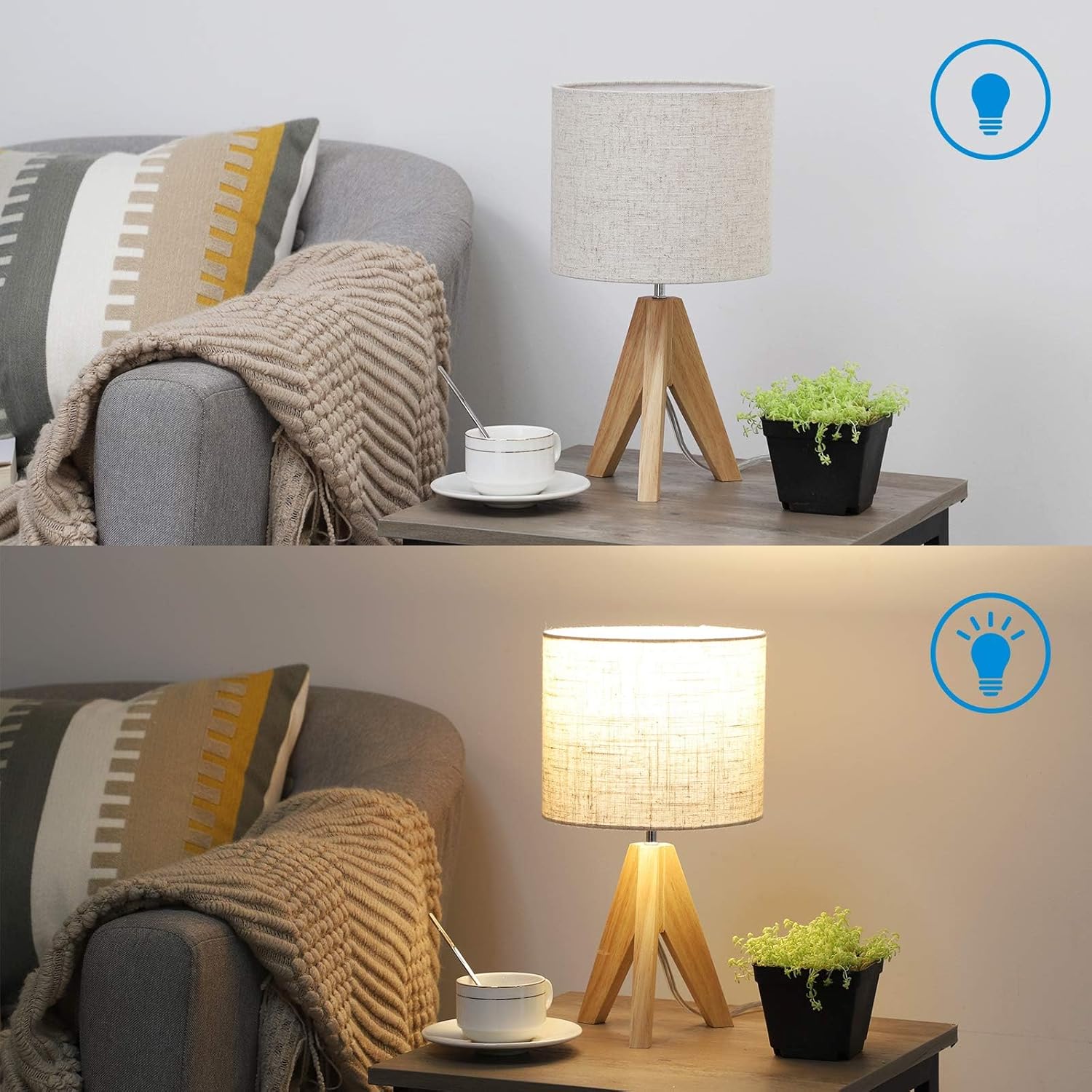 EDISHINE Bedside Lamps Set of 2, Wood Bedside Table Lamp, Tripod Desk Lamp On-Off Switch, Desk Lamps for Living Room, Bedroom, Office, E27 Base, Linen