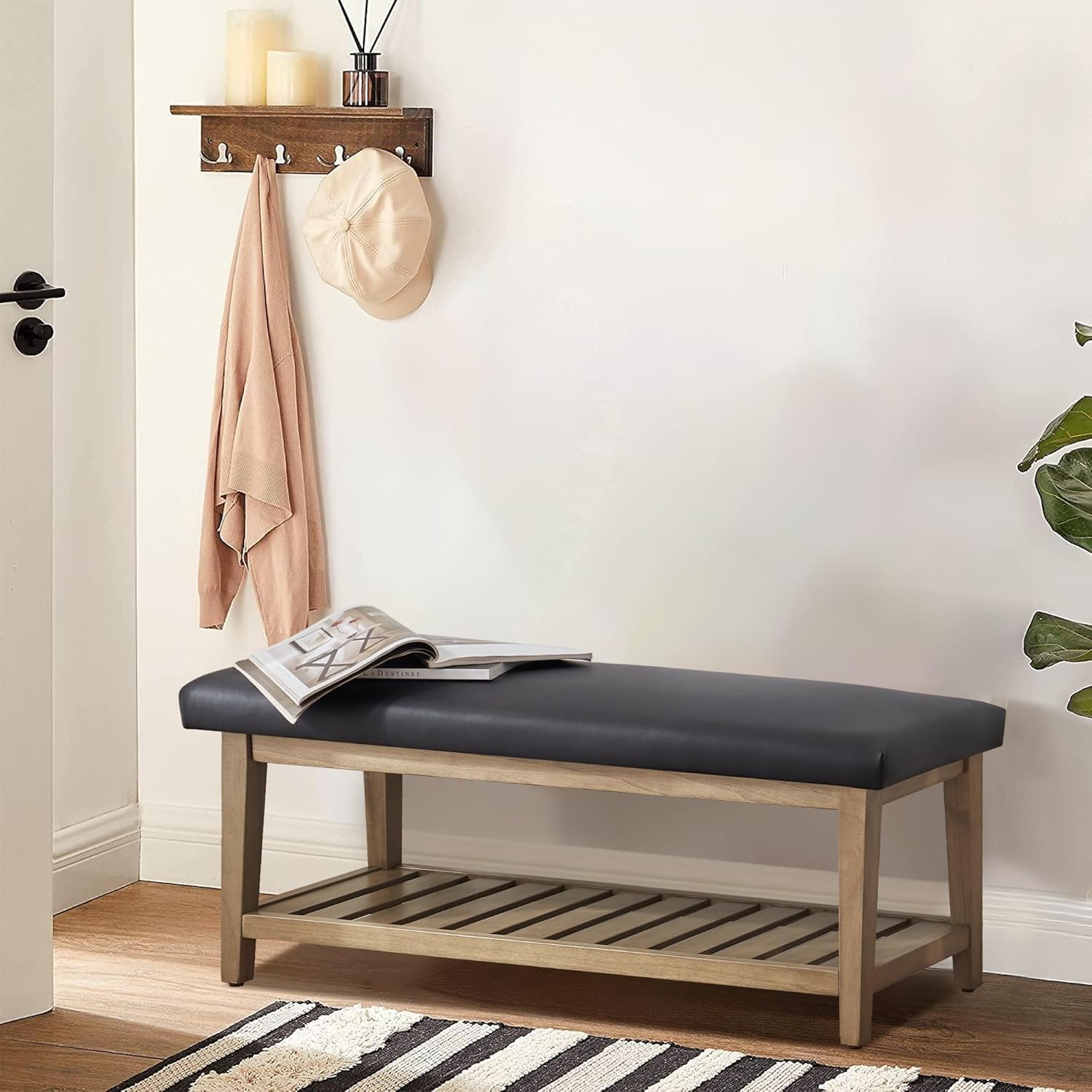 Ottoman Benches with Solid Wood Shelf, Storage Bench for Hallway, Living Room