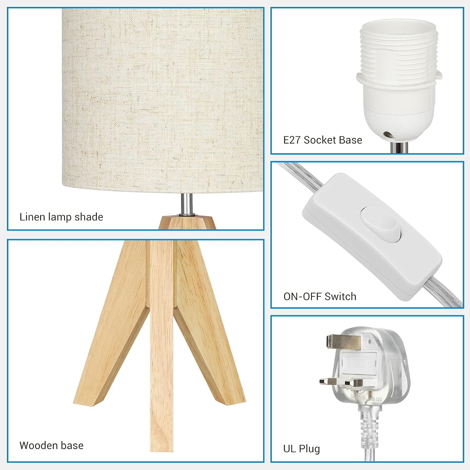 EDISHINE Bedside Lamps Set of 2, Wood Bedside Table Lamp, Tripod Desk Lamp On-Off Switch, Desk Lamps for Living Room, Bedroom, Office, E27 Base, Linen