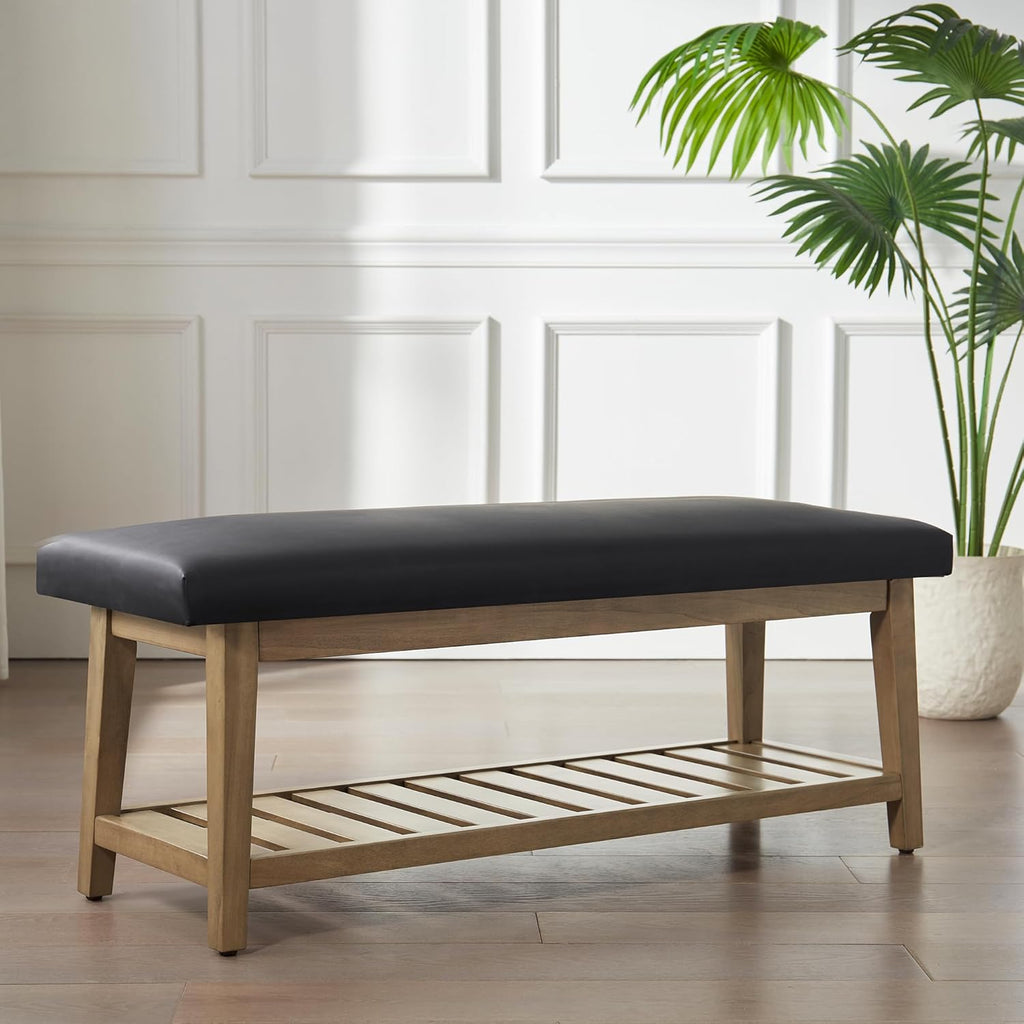 Ottoman Benches with Solid Wood Shelf, Storage Bench for Hallway, Living Room