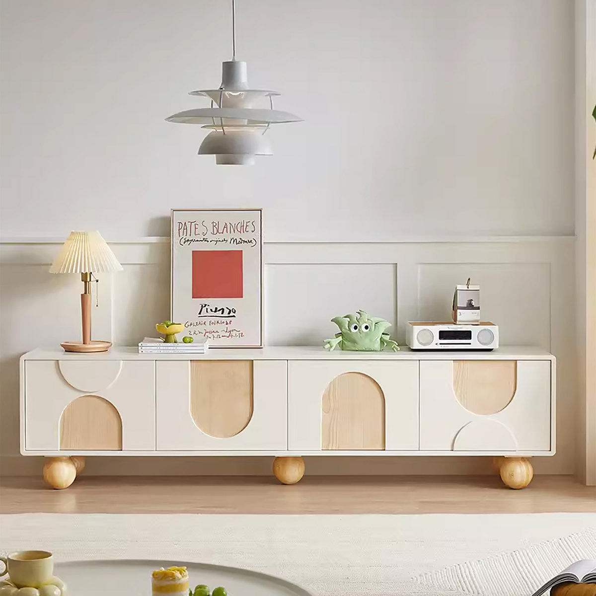 78.7'' W Beige Storage Tv Stand Solid Wood Cabinet For Living Room Five Legs