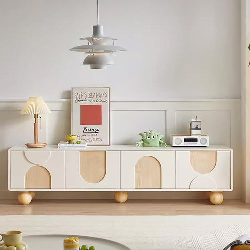 78.7'' W Beige Storage Tv Stand Solid Wood Cabinet For Living Room Five Legs