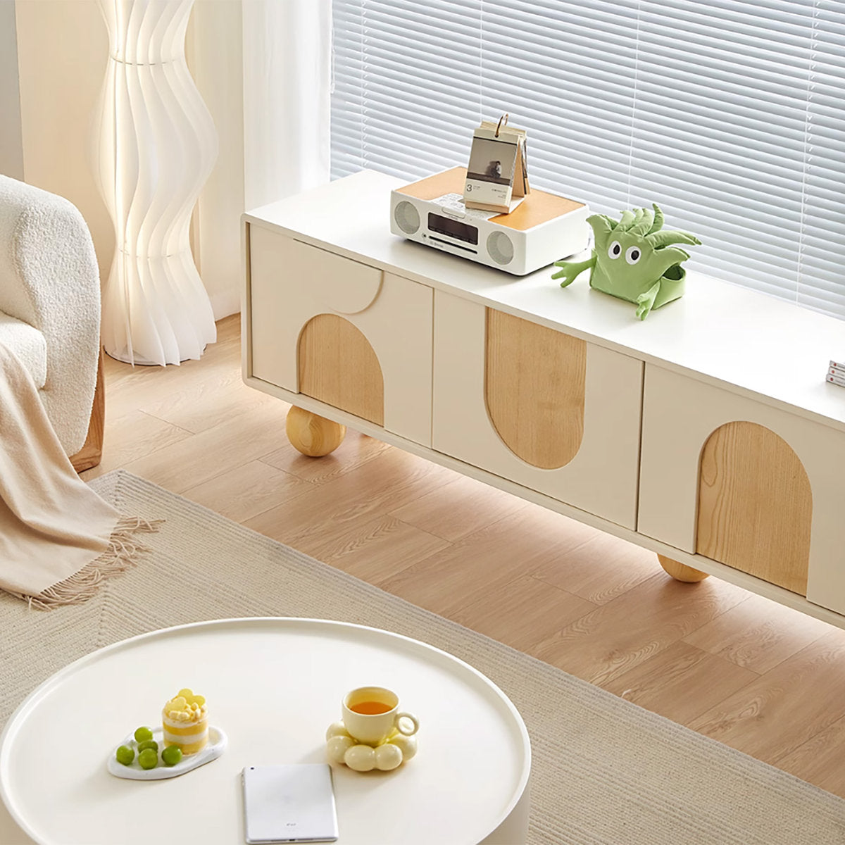 78.7'' W Beige Storage Tv Stand Solid Wood Cabinet For Living Room Five Legs