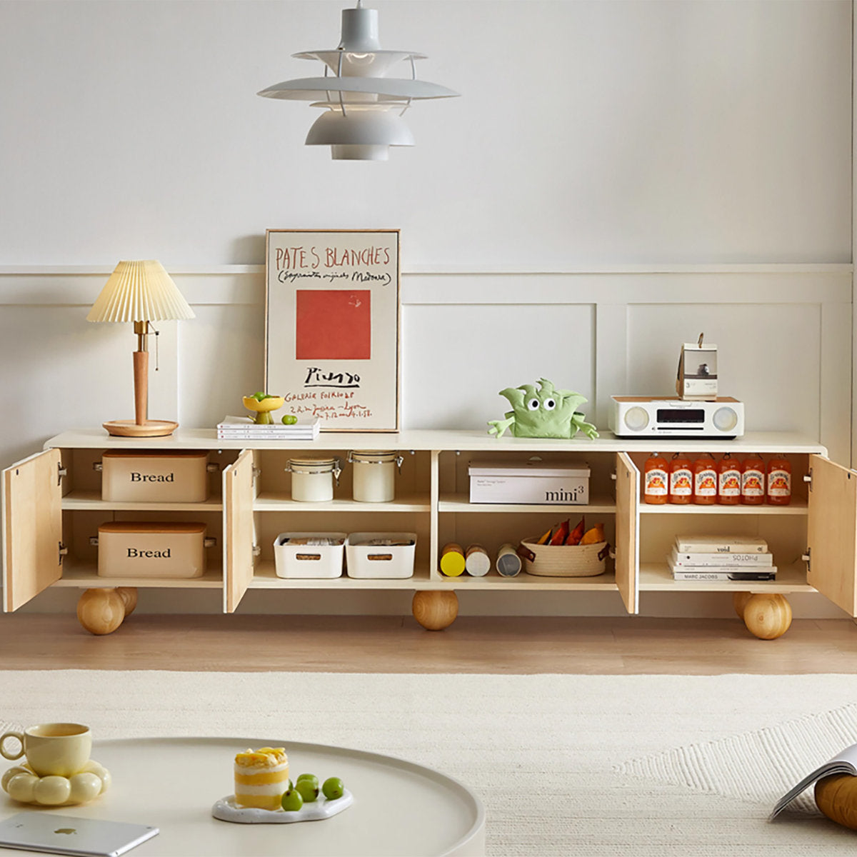 78.7'' W Beige Storage Tv Stand Solid Wood Cabinet For Living Room Five Legs