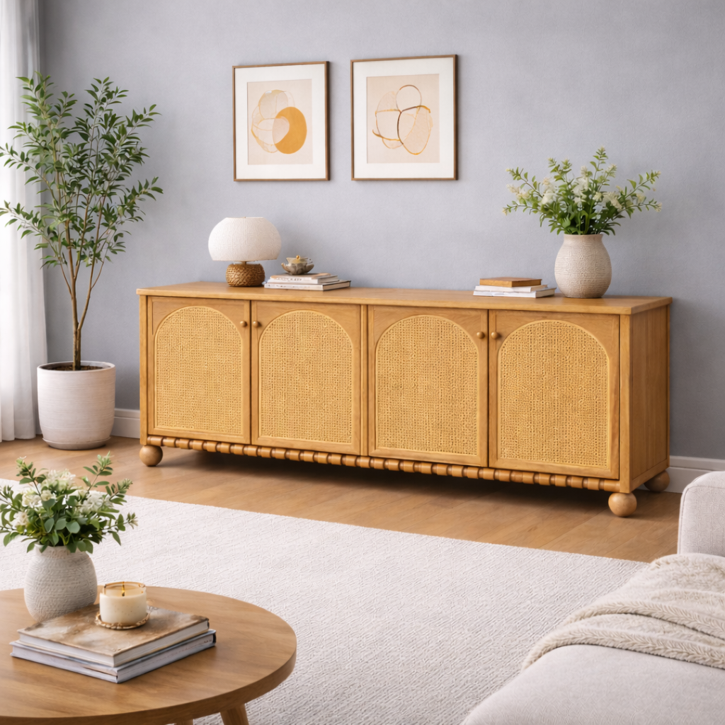 Valencia Rattan Sideboard 4 Doors Solid Wood | Mamta Handicraft