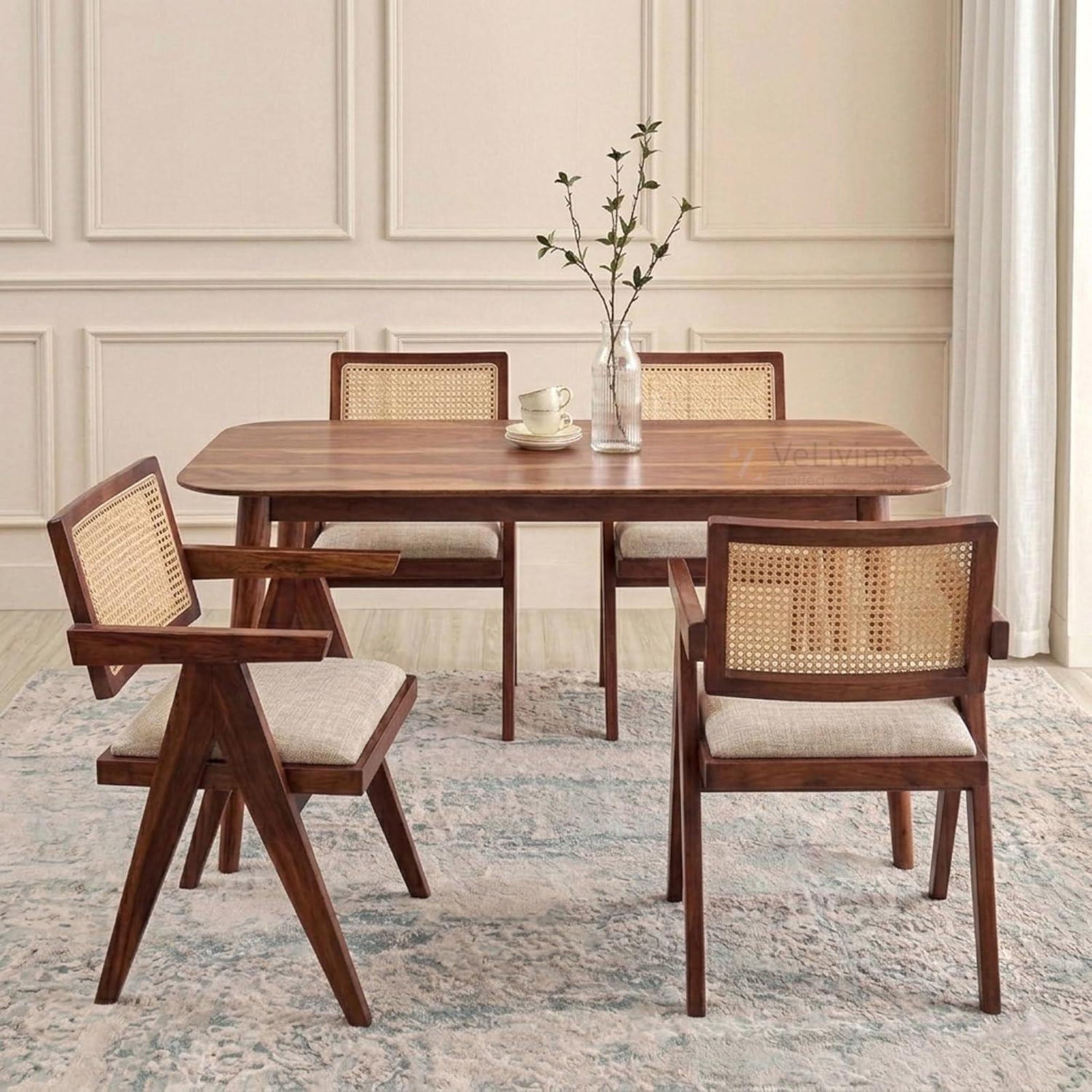 Astera Sheesham Wood 4 Seater Dining Set with Natural Cane Chairs