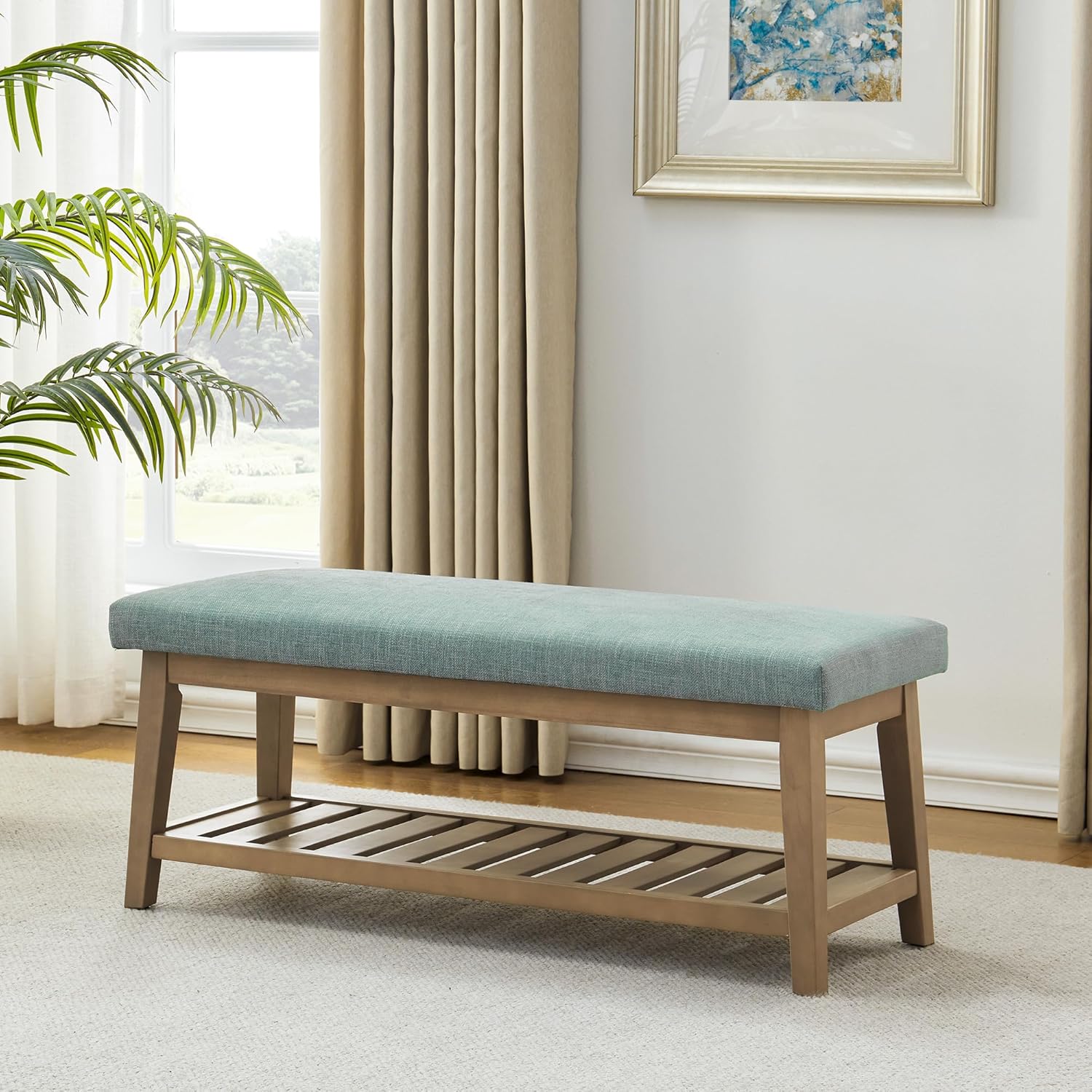 Ottoman Benches with Solid Wood Shelf, Storage Bench for Hallway, Living Room