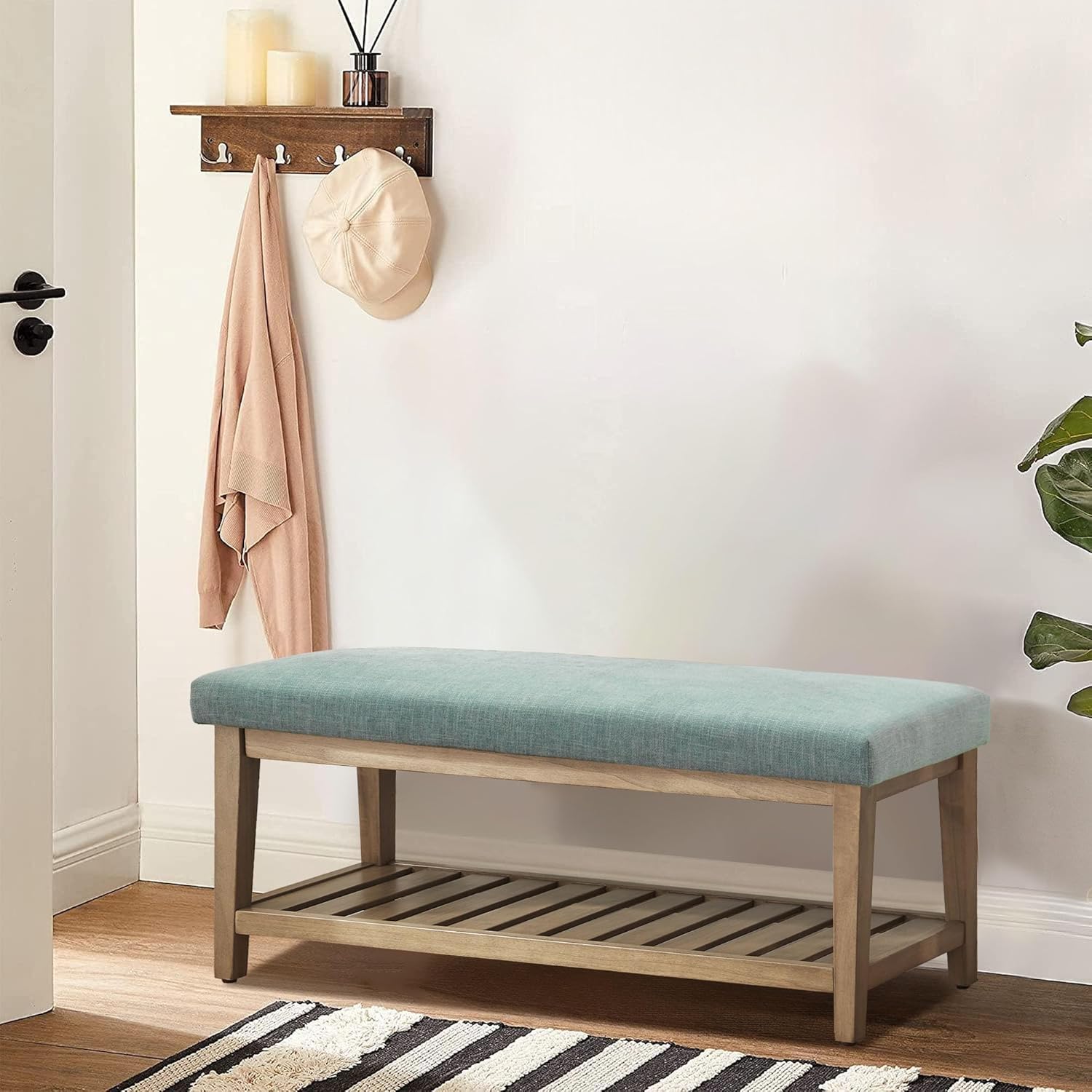 Ottoman Benches with Solid Wood Shelf, Storage Bench for Hallway, Living Room