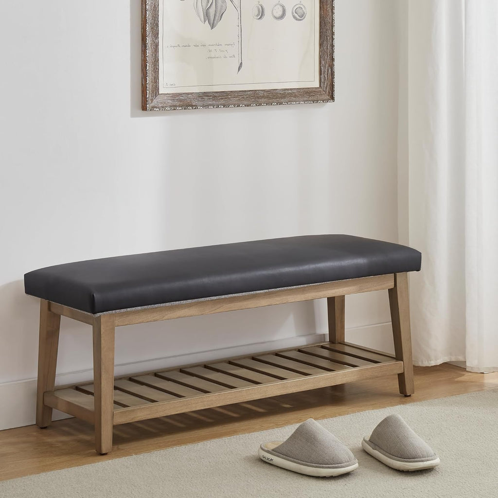 Ottoman Benches with Solid Wood Shelf, Storage Bench for Hallway, Living Room