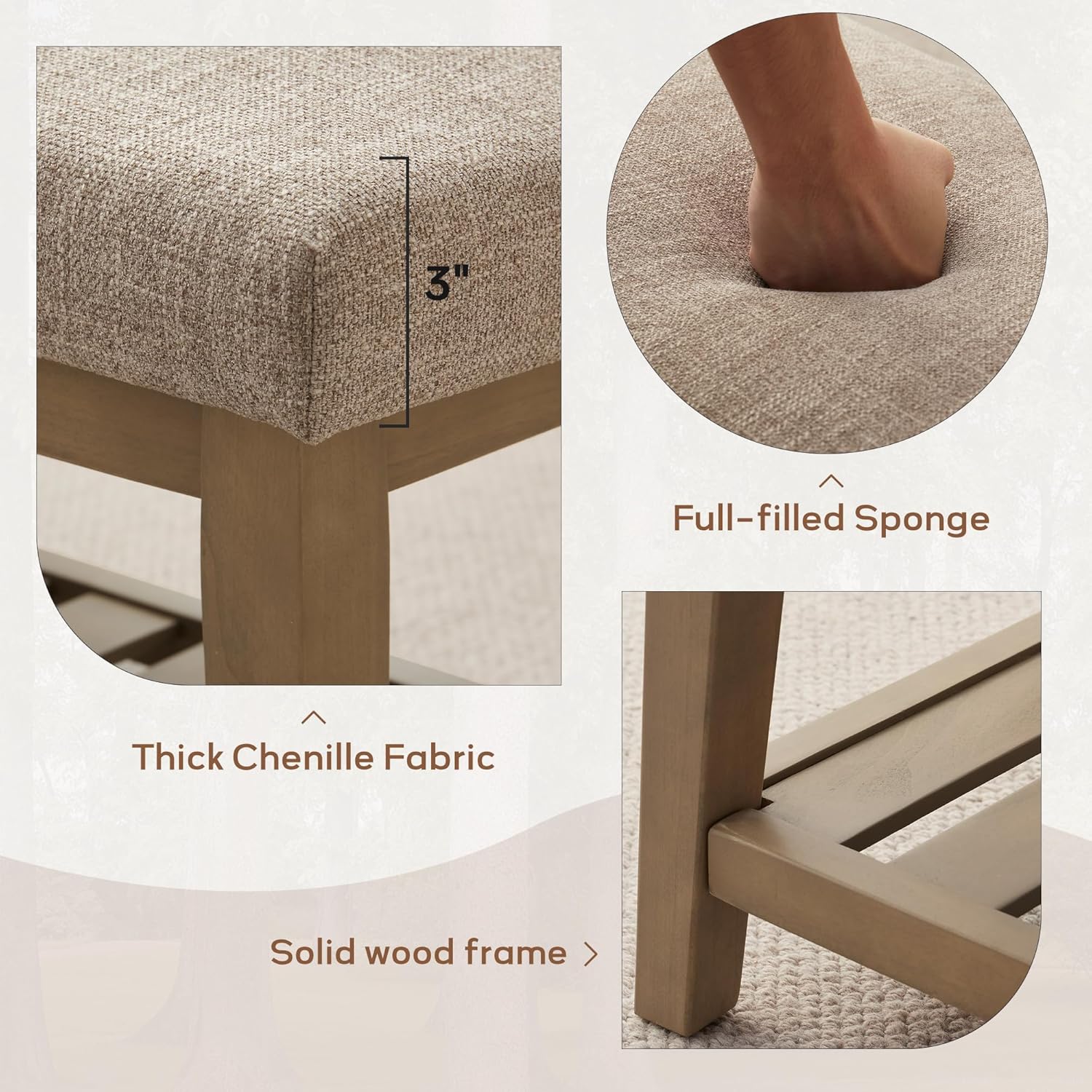 Ottoman Benches with Solid Wood Shelf, Storage Bench for Hallway, Living Room