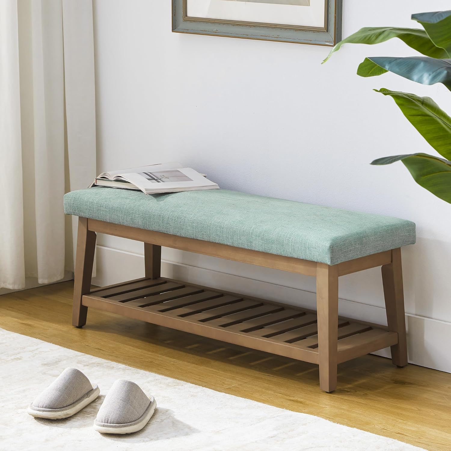 Ottoman Benches with Solid Wood Shelf, Storage Bench for Hallway, Living Room