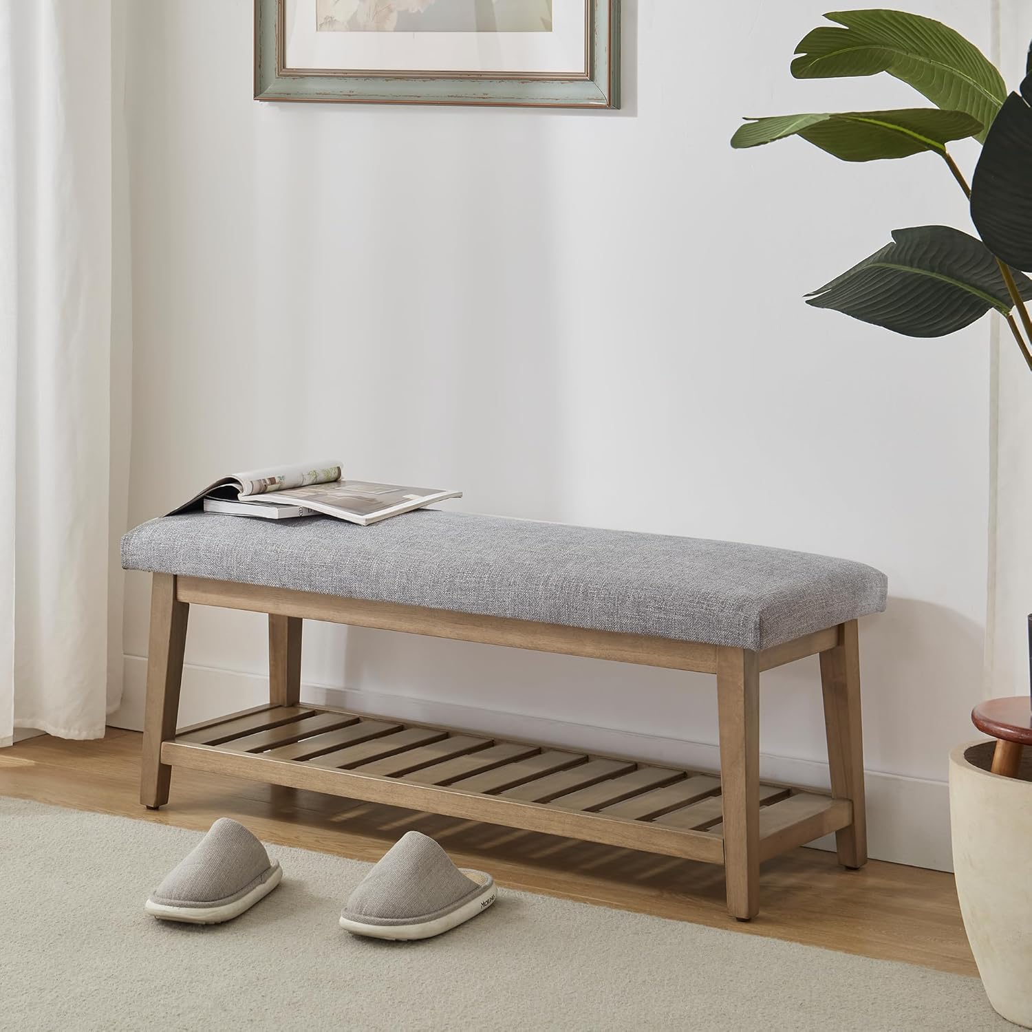 Ottoman Benches with Solid Wood Shelf, Storage Bench for Hallway, Living Room