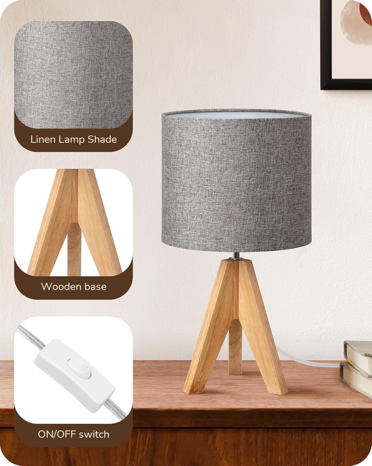 EDISHINE Bedside Lamps Set of 2, Wood Bedside Table Lamp, Tripod Desk Lamp On-Off Switch, Desk Lamps for Living Room, Bedroom, Office, E27 Base, Linen