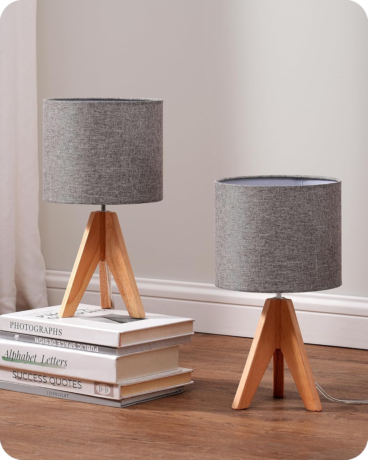 EDISHINE Bedside Lamps Set of 2, Wood Bedside Table Lamp, Tripod Desk Lamp On-Off Switch, Desk Lamps for Living Room, Bedroom, Office, E27 Base, Linen