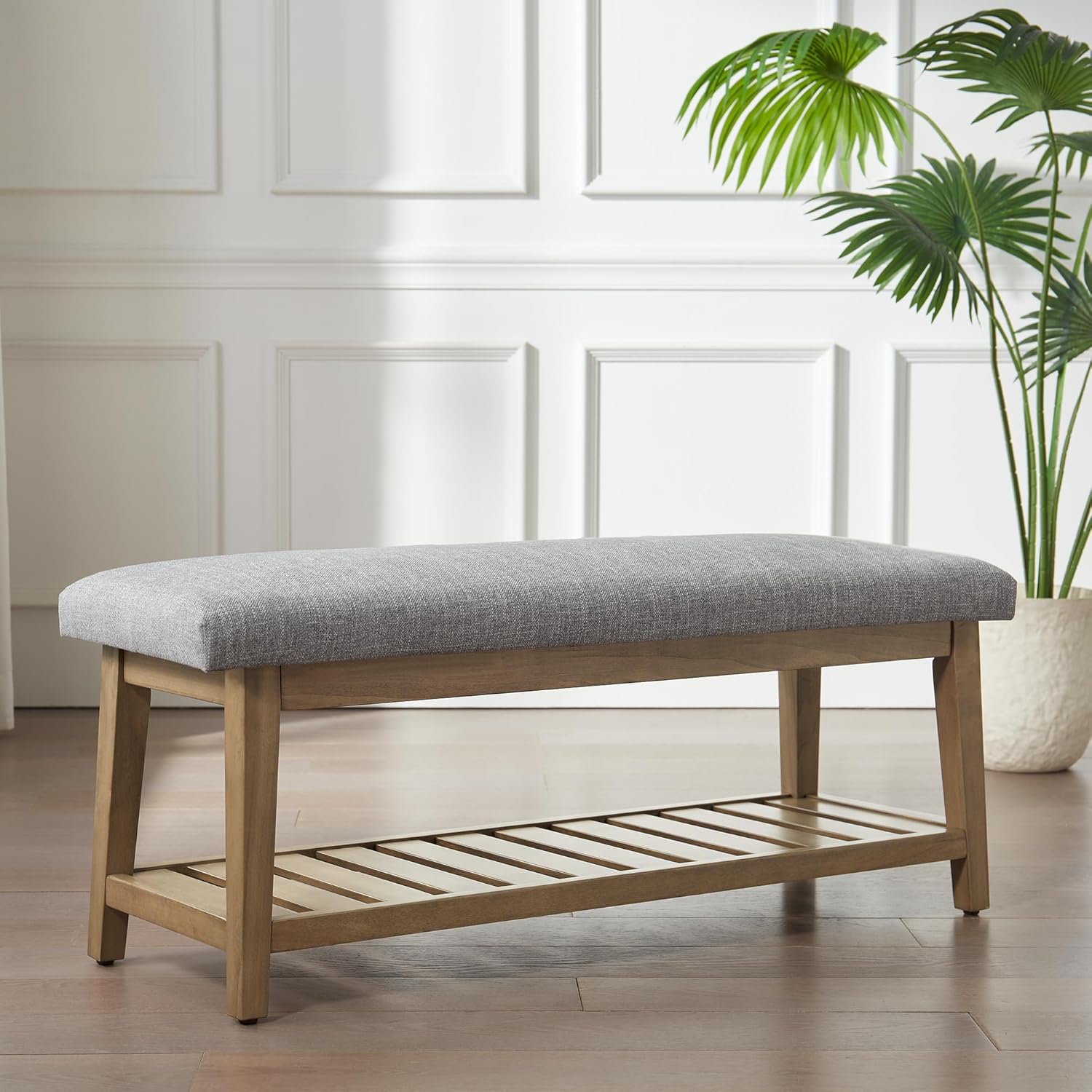 Ottoman Benches with Solid Wood Shelf, Storage Bench for Hallway, Living Room