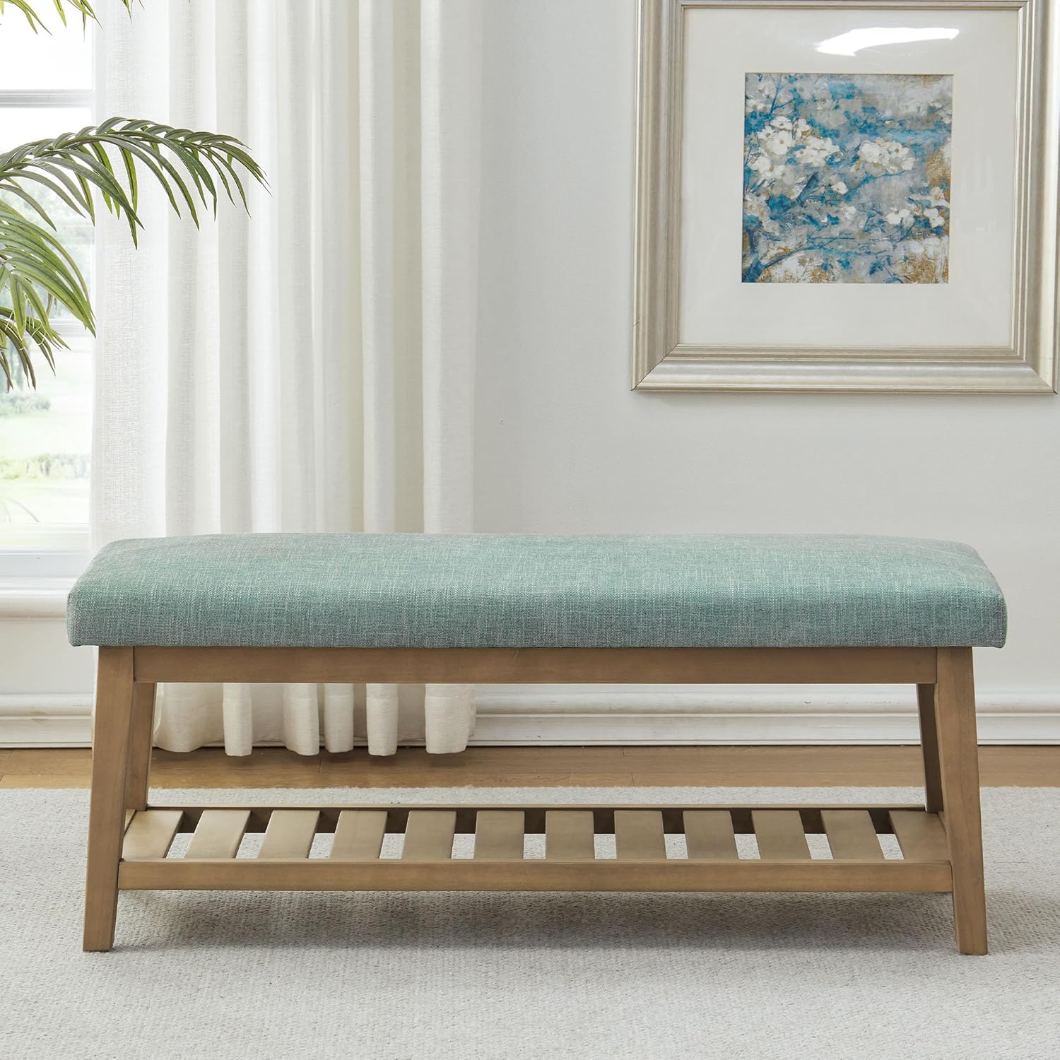 Ottoman Benches with Solid Wood Shelf, Storage Bench for Hallway, Living Room