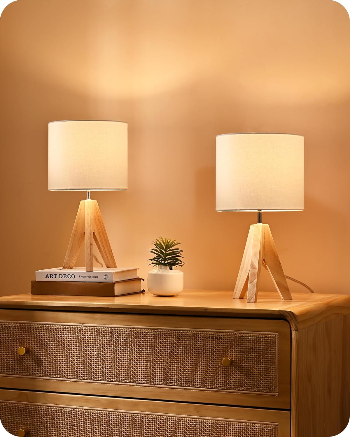 EDISHINE Bedside Lamps Set of 2, Wood Bedside Table Lamp, Tripod Desk Lamp On-Off Switch, Desk Lamps for Living Room, Bedroom, Office, E27 Base, Linen
