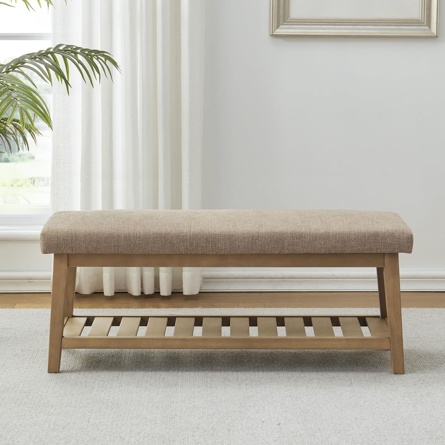 Ottoman Benches with Solid Wood Shelf, Storage Bench for Hallway, Living Room