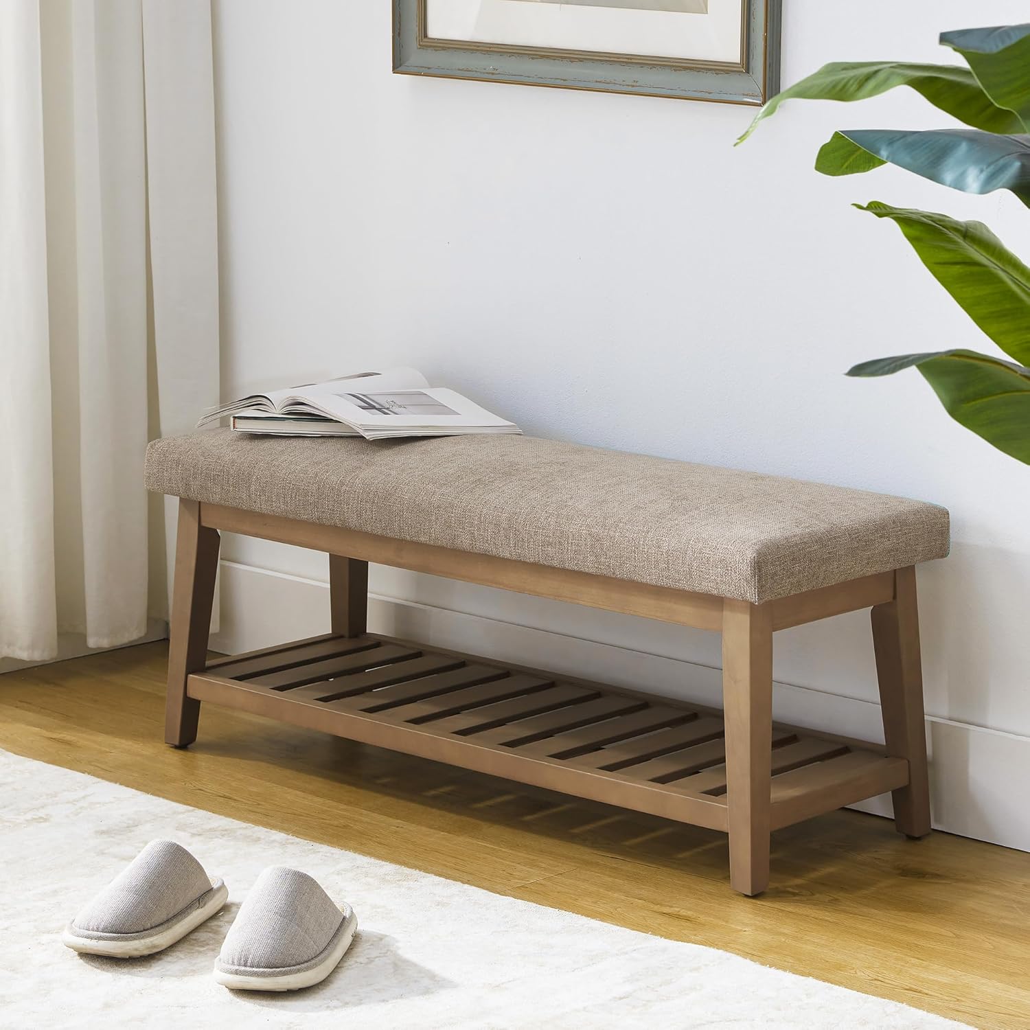 Ottoman Benches with Solid Wood Shelf, Storage Bench for Hallway, Living Room