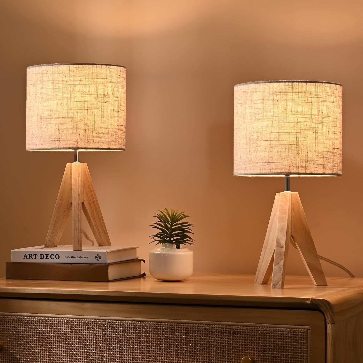 EDISHINE Bedside Lamps Set of 2, Wood Bedside Table Lamp, Tripod Desk Lamp On-Off Switch, Desk Lamps for Living Room, Bedroom, Office, E27 Base, Linen