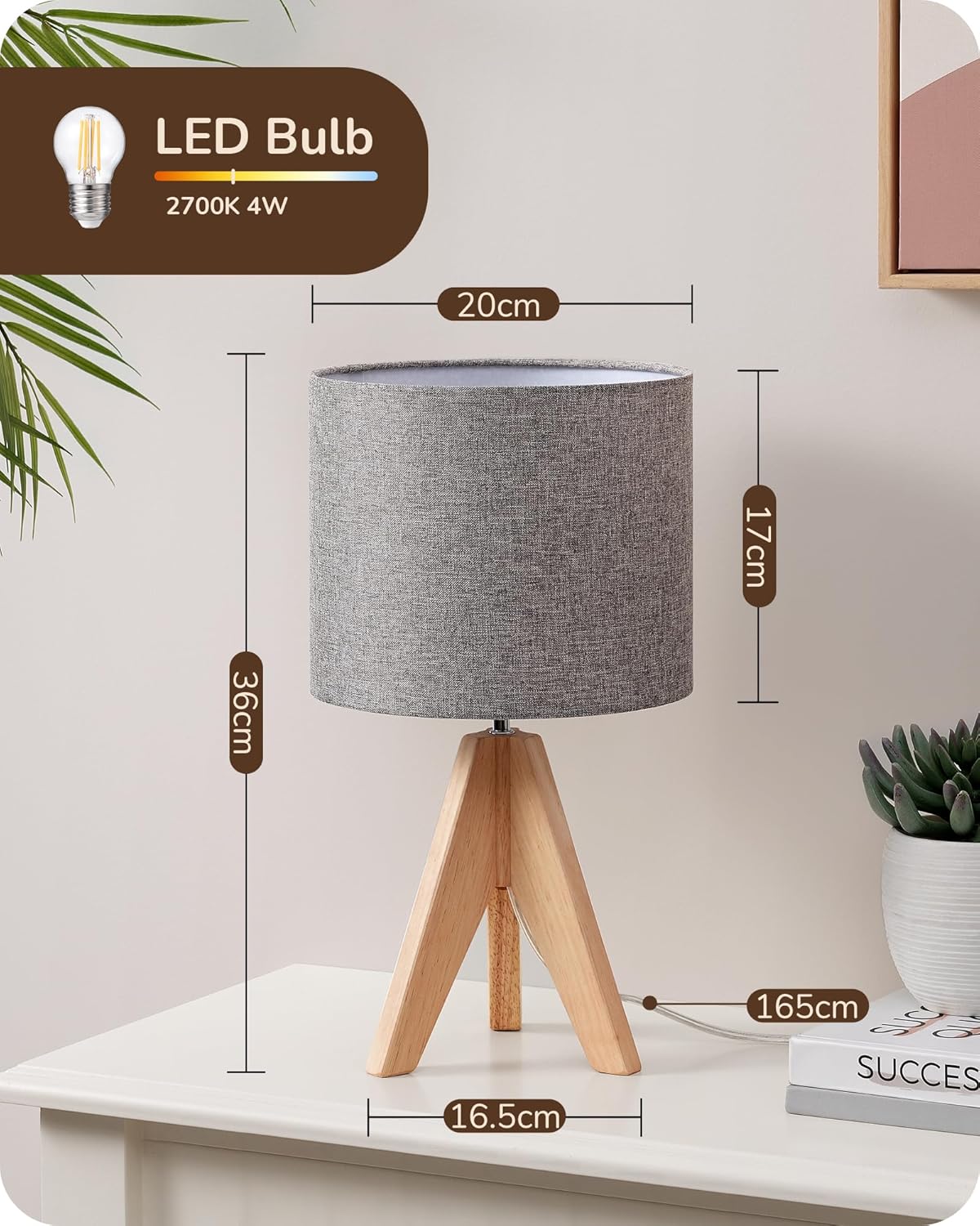 EDISHINE Bedside Lamps Set of 2, Wood Bedside Table Lamp, Tripod Desk Lamp On-Off Switch, Desk Lamps for Living Room, Bedroom, Office, E27 Base, Linen