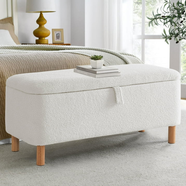 39.5" Boucle Storage Ottoman Bench for Living Room Bedroom Foot Rest End of Bed Wood Leg
