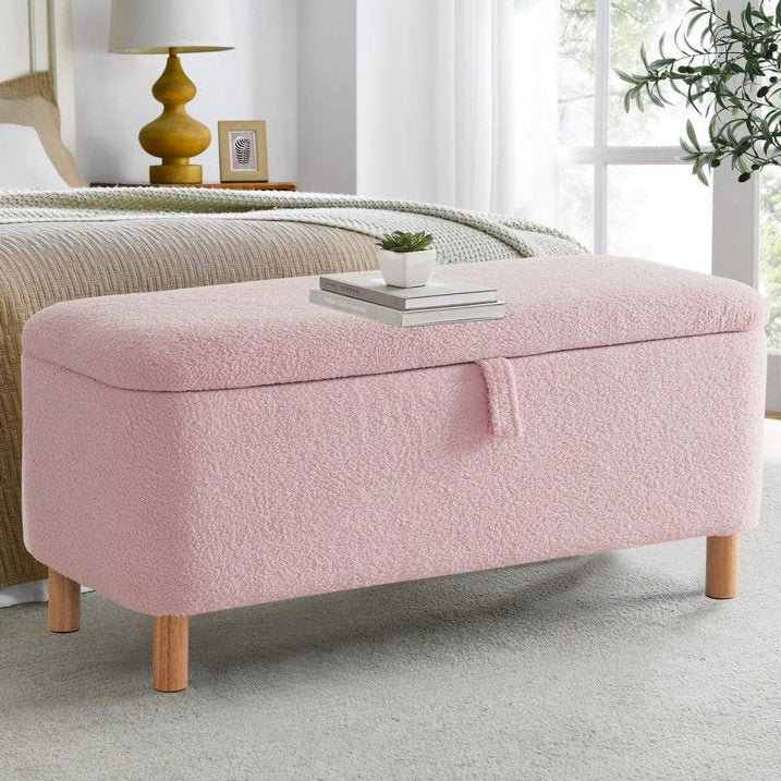 39.5" Boucle Storage Ottoman Bench for Living Room Bedroom Foot Rest End of Bed Wood Leg