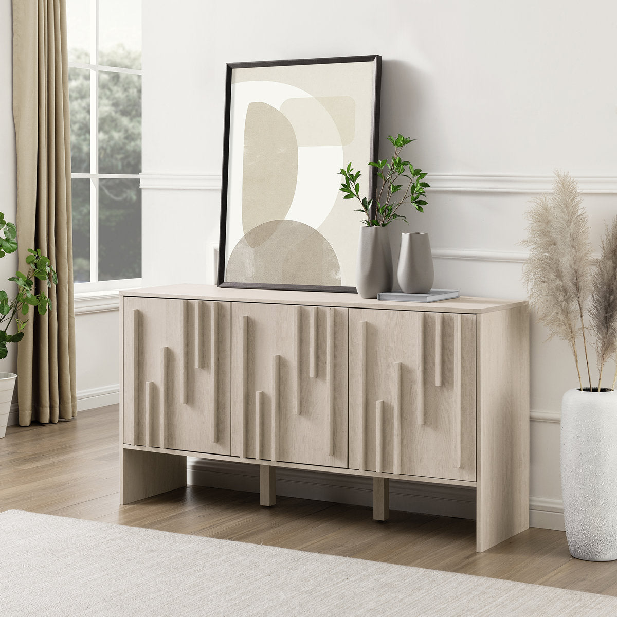 Anishka 55" Contemporary Wood Detailed 3-Door Sideboard