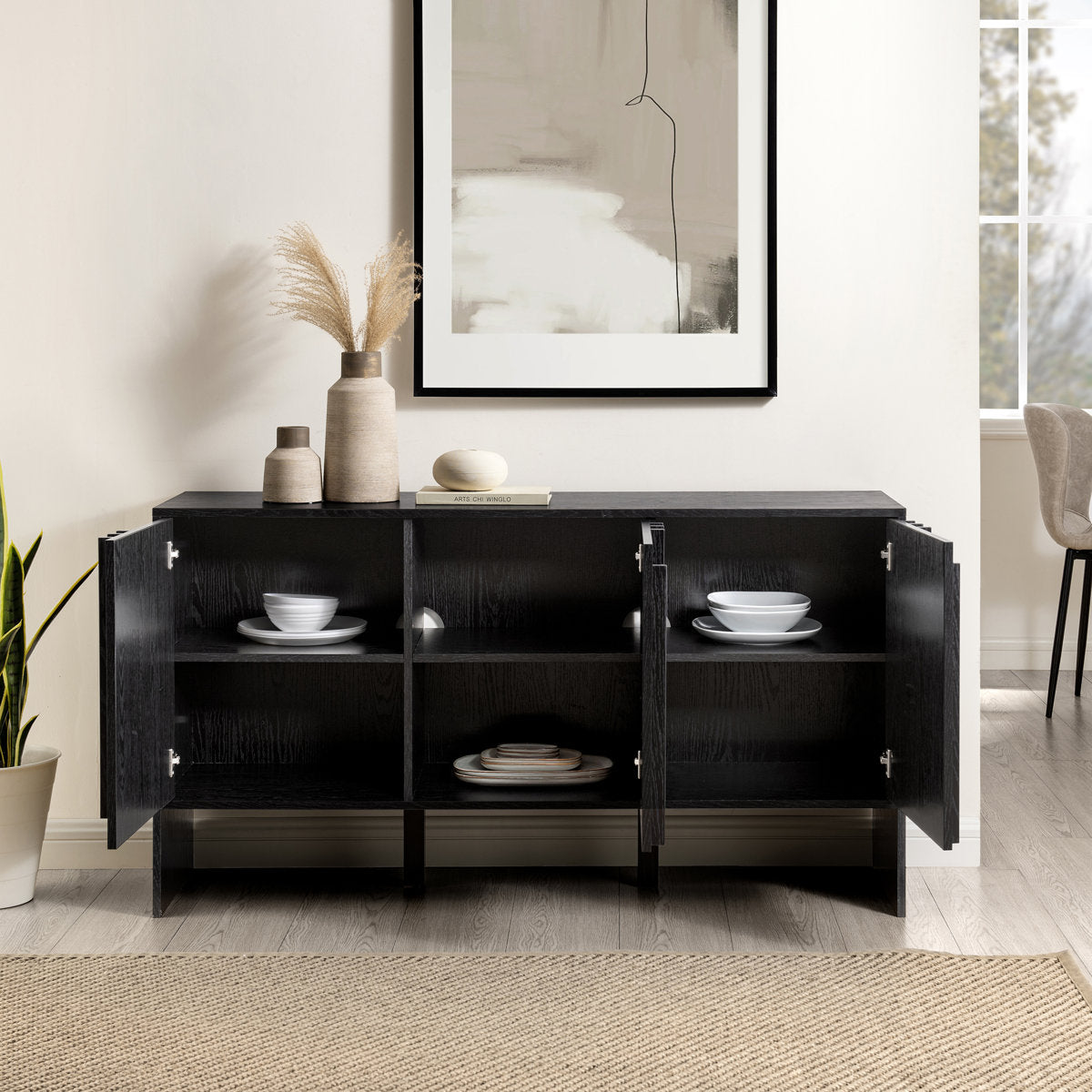 Anishka 55" Contemporary Wood Detailed 3-Door Sideboard
