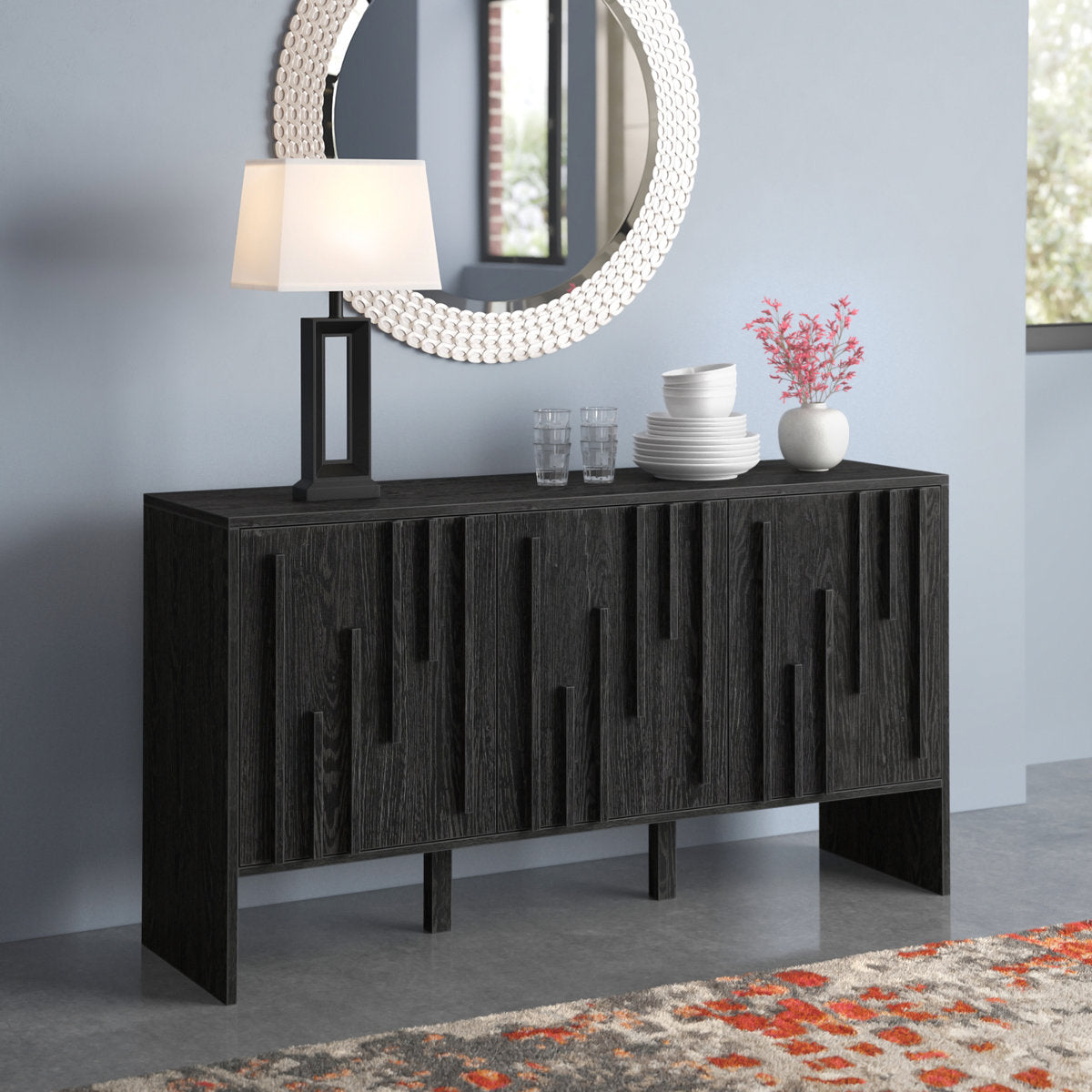 Anishka 55" Contemporary Wood Detailed 3-Door Sideboard
