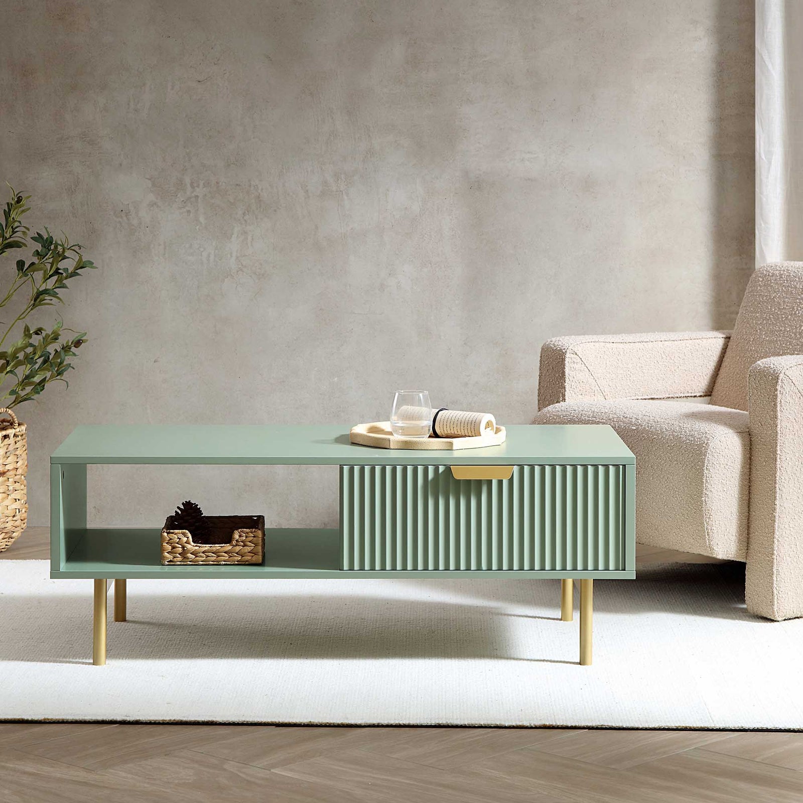 Velin Sheesham Wood Ridged Coffee Table with Drawer | Mamta Handicraft