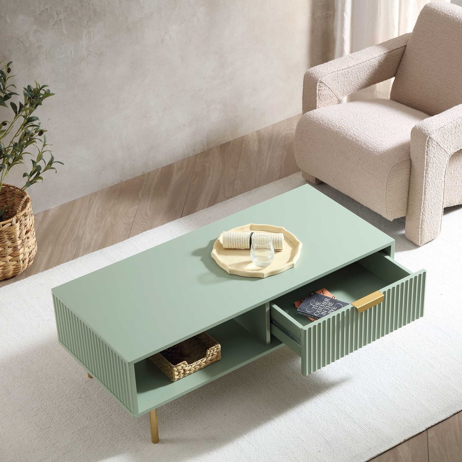 Velin Sheesham Wood Ridged Coffee Table with Drawer | Mamta Handicraft